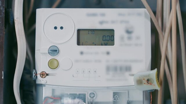 Close-up of Modern Digital Electricity Meter with Active LCD Display | Electronic Power Counter Showing Energy Consumption Data | Household Smart Utility Monitoring Concept