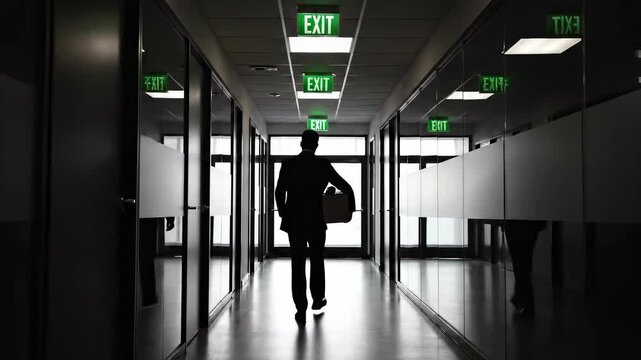 A silhouetted man walks away, carrying a box down a dark office hallway with green exit signs, captured with dramatic low-key lighting, conveying a somber mood.