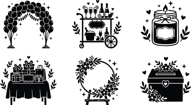 Black balloon arch gift table candle wreath and gift box vector art collection