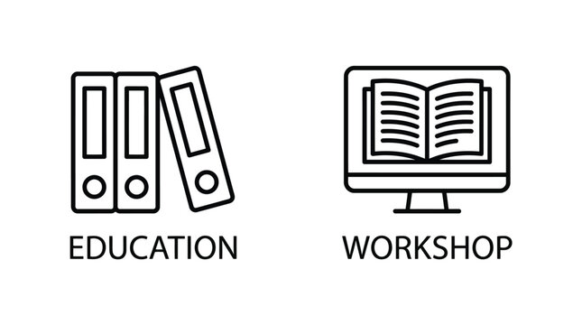 Education and workshop icons, vector line style, black and white, business training concept