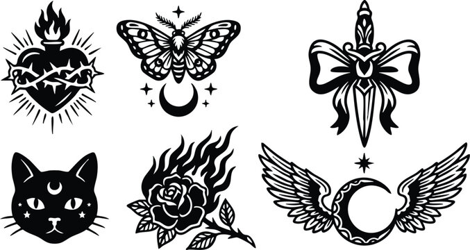 Black and white mystical icons with heart dagger butterfly cat flaming rose and winged moon