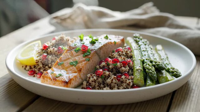 Delicious salmon with quinoa and asparagus.
