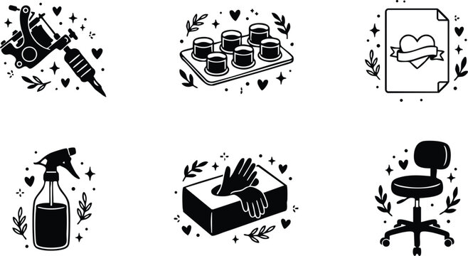 Black and white tattoo machine ink caps gloves spray bottle and chair line art vector
