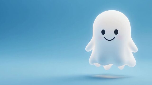 Cute 3D cartoon ghost halloween floating on the right side of a blue background