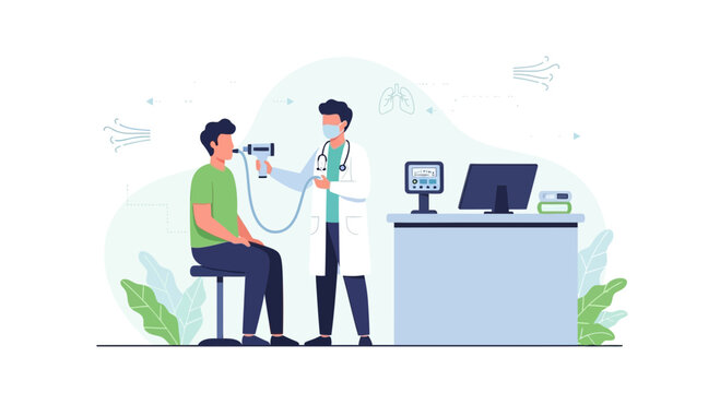 Doctor performing lung function test on patient with spirometer in clinic, medical checkup