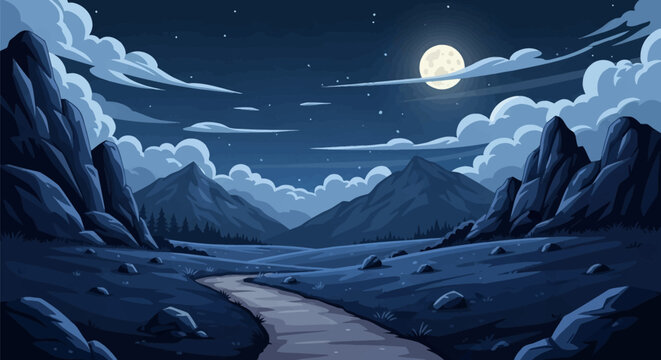 Night mountain landscape vector illustration with a full moon in a starry sky, stylized clouds, a winding path through a valley, and jagged rocky peaks in shades of dark blue.