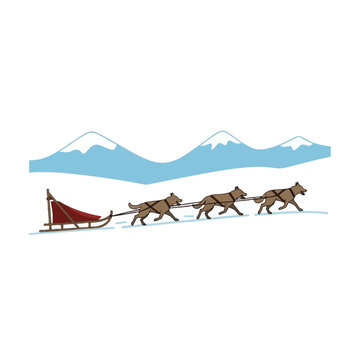 Vector illustration of a team of three huskies pulling a wooden sled with a red cargo bag across a snowy winter landscape featuring blue mountains, isolated on a white background.