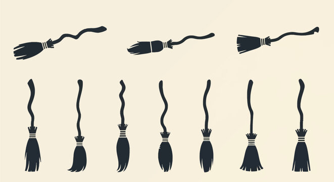 Set of ten black silhouette illustrations of witch brooms featuring curved wooden handles and twig bristles, isolated on a light cream background for Halloween and magic designs.