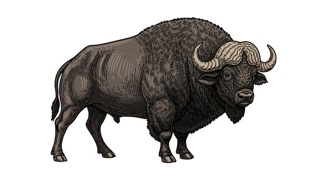 Detailed woodcut engraving illustration of a powerful African Cape Buffalo featuring intricate cross-hatching, large curved horns, and thick textured fur, isolated on a white background.