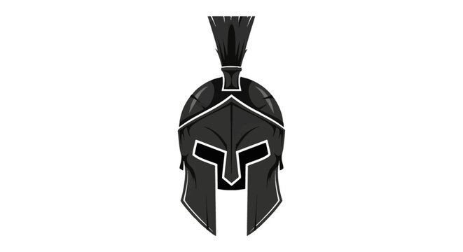 Black Spartan helmet vector illustration with a plume and eye slits. Ancient Greek warrior headgear isolated on white. Roman gladiator armor for logos and graphic design projects.