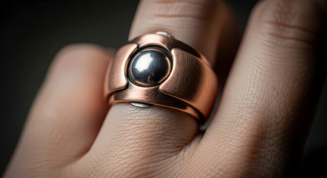 Rose gold ring with black stone.