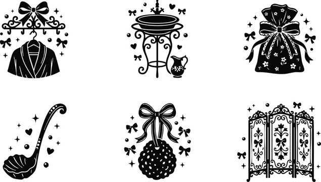 Black and white vintage dressing gown hanger washbasin sack ladle pomander and decorative room screen vector art