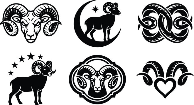 Black and white ram head and ram silhouettes with stars and heart vector art