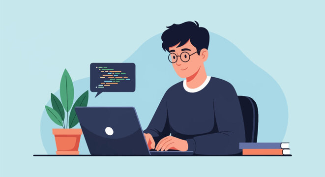 Young male software developer with glasses working on a laptop computer, programming code illustration with floating syntax window, office desk with potted plant and books.