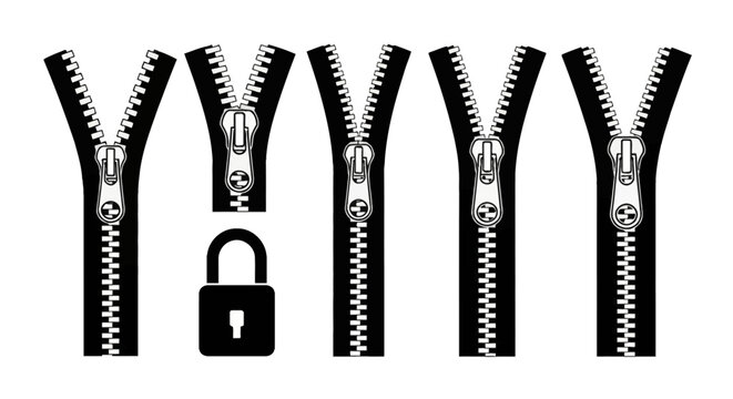 Set of five black and white zipper vector icons with open sliders and teeth detail, including a black padlock silhouette isolated on a white background for sewing and fashion design.