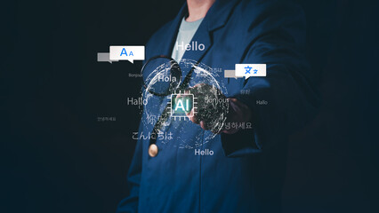 Businessman using AI technology for global language translation and communication, Multilingual speech bubbles with hello in different languages on a digital globe, Innovative AI translation concept © 418 House