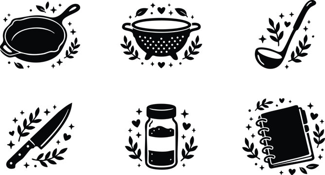 Black and white kitchen utensils flat design vector art skillet colander ladle knife spice jar and recipe book