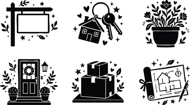 Black and white home keys plant door packages blueprint vector art