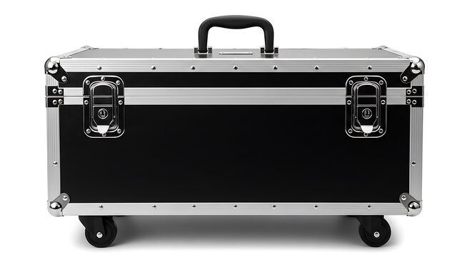 Empty black aluminum flight case with wheels on white background for travel or equipment transport