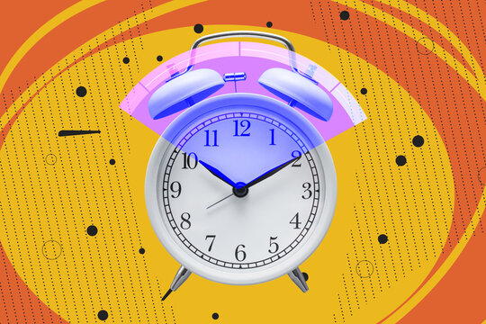 Vibrant pop art style illustration featuring a white classic alarm clock on orange background. Concept deadline pressure, morning routine, scheduling, efficiency, and modern business time tracking.