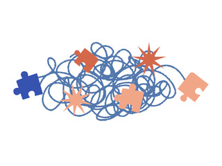 Unraveling Complexity: Conceptual artwork illustrating the intricate process of solving problems, featuring tangled threads, puzzle pieces, and bursts of insight. © puzzle creative