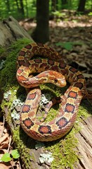 Fototapeta premium Eastern Milk Snake Coiled on Mossy Log in Forest Sunlight.