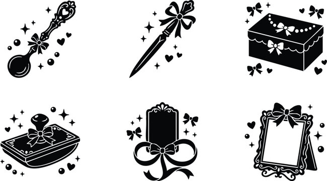 Black and white decorative spoon letter opener jewelry box stamp and picture frame vector art