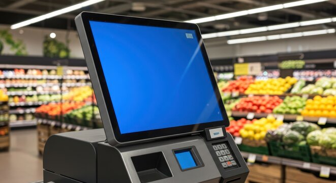 Self Checkout Kiosk with Blue Screen in Supermarket.