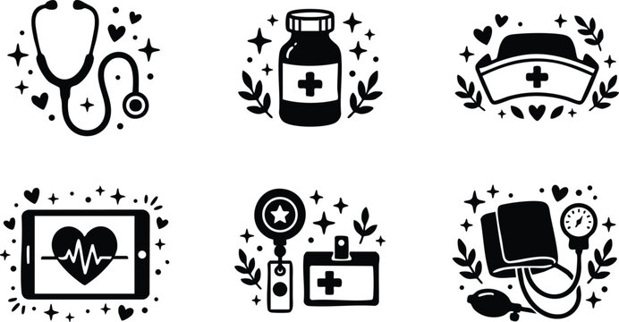 Black and white medical icons set with stethoscope nurse hat and heartbeat monitor