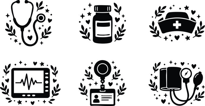 Black and white medical icons stethoscope pill bottle nurse cap heart monitor id badge blood pressure cuff
