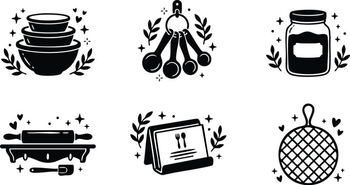 Black and white kitchen tools set with measuring spoons and rolling pin vector art