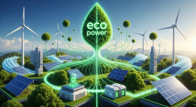 Eco Power - Sustainable Energy Landscape with Wind Turbines, Solar Panels, and Green Infrastructure.