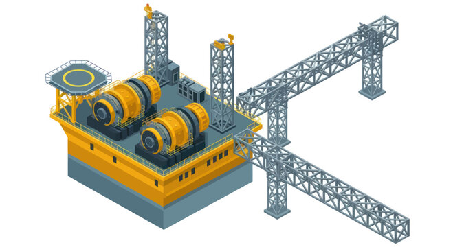 Isometric offshore oil rig platform with helipad and connecting structures.
