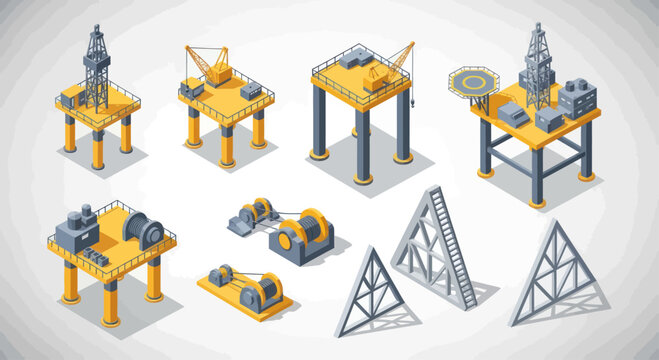 Isometric Oil Rigs and Offshore Platforms for Energy Production.