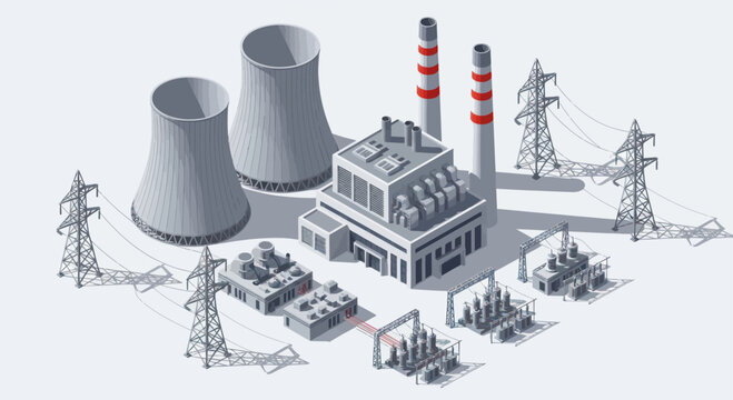 Isometric Power Plant with Cooling Towers and Transmission Lines.