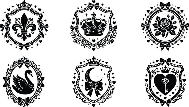 Black and white floral crown heart key and swan crest vector art set