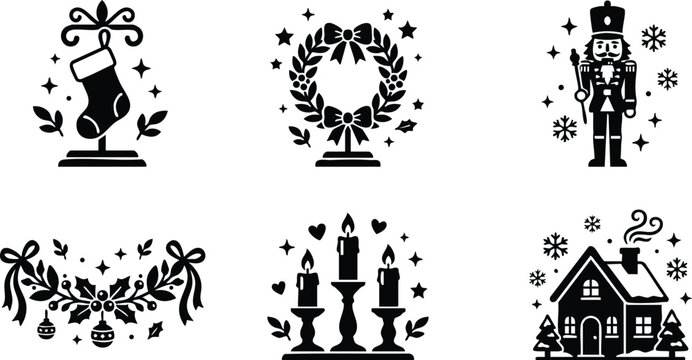 Black and white winter holiday icons stocking wreath nutcracker garland candles snowy house