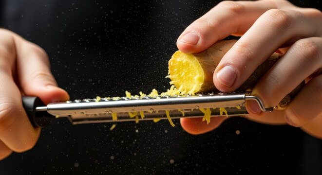 Hands grating citrus zest with zester.