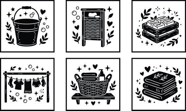 Black and white line art laundry basket soap bucket washboard illustrations