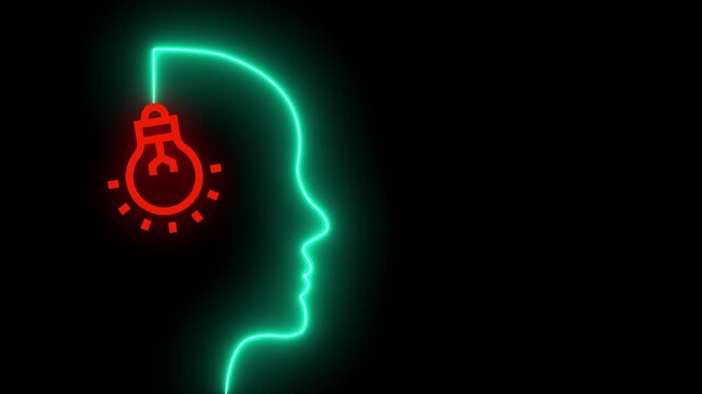 
Creative human head silhouette with glowing neon lightbulb icon for artificial intelligence and innovation concept.