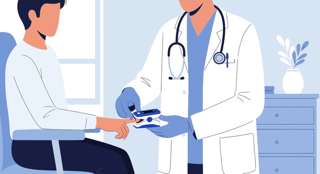 Doctor checking patient's oxygen saturation with pulse oximeter in clinic