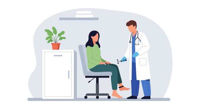 Doctor checking patient's reflex with reflex hammer in clinic examination room