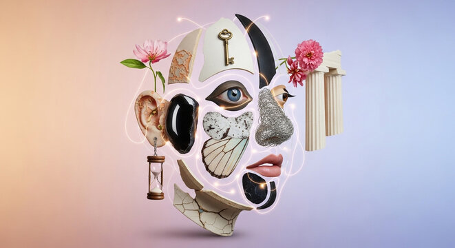 Surreal collage portrait composed of diverse objects like eyes, ears, lips, flowers, keys, and antique items on a gradient background