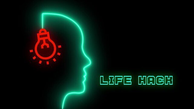 Glowing neon brain bulb concept for life hack tips and clever tricks to improve daily efficiency and productivity.