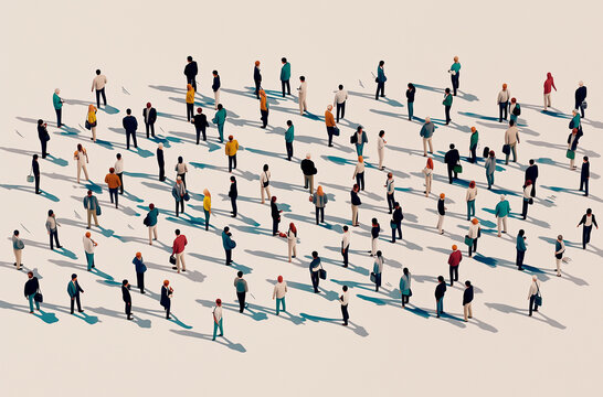 Isometric view of a large diverse crowd of people with long shadows, 3D style illustration, Generative AI