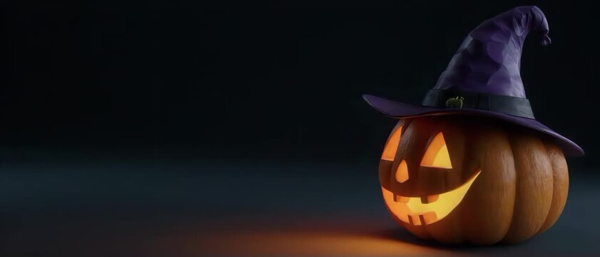3D cartoon Halloween pumpkin wearing a cute witch hat placed on the right side of a dark background