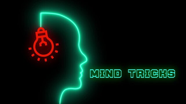  Conceptual neon illustration of a human brain with a lightbulb for mind tricks and cognitive illusions concept.