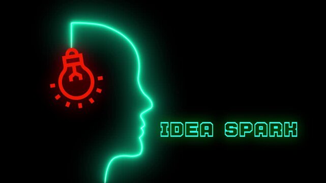 Creative idea spark concept with neon lightning bolt and light bulb for inspiration and artistic vision. Graphic for brainstorming and new projects.

