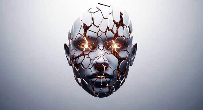 Shattered Robot Face with Glowing Eyes, Digital Art, Sci-Fi Concept