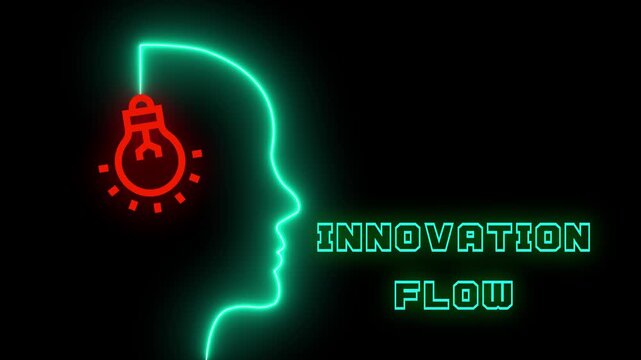  Dynamic innovation flow concept with neon circuitry and light bulb for creative breakthrough. Modern icon for research and digital transformation.